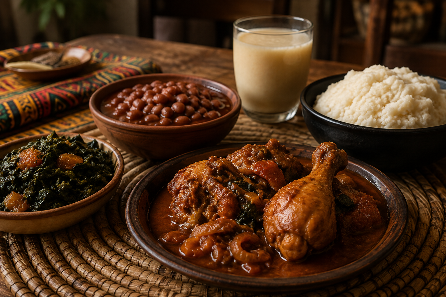 Traditional Zimbabwean meal with chicken, sadza, beans and vegetables